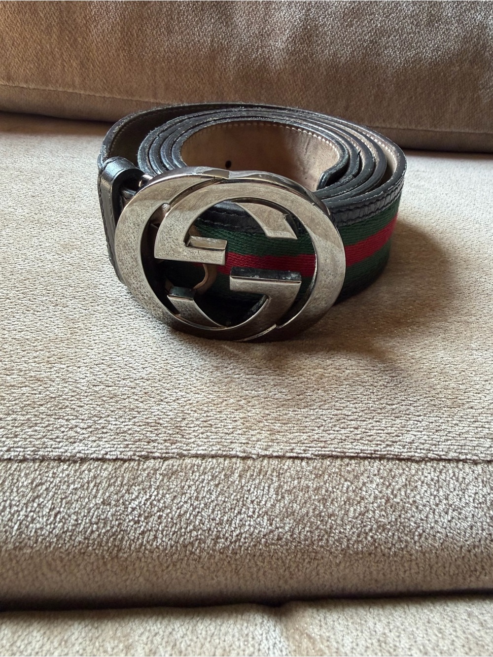 Gucci Black Leather Belt with Green and Red Web and Silver Double G Buckle